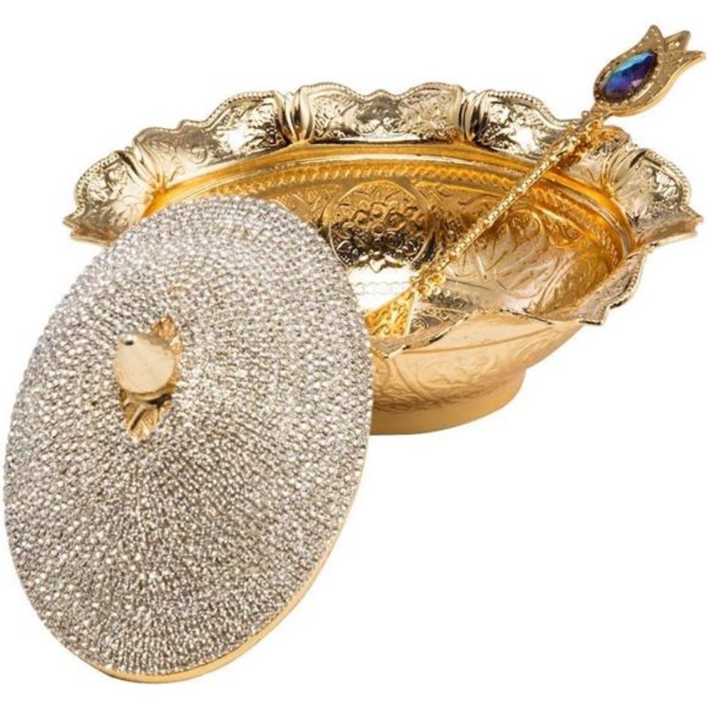 Crystal Coated Handmade Brass Sugar Chocolate Candy Bowl Serving Dish with Lid